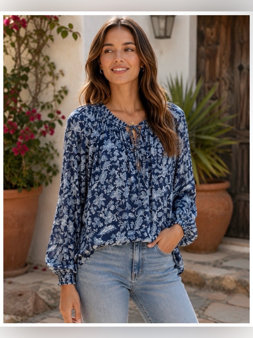 Faherty Emery Flowy Blouse Top Long Sleeve Blue Esna Floral boho Sz Medium